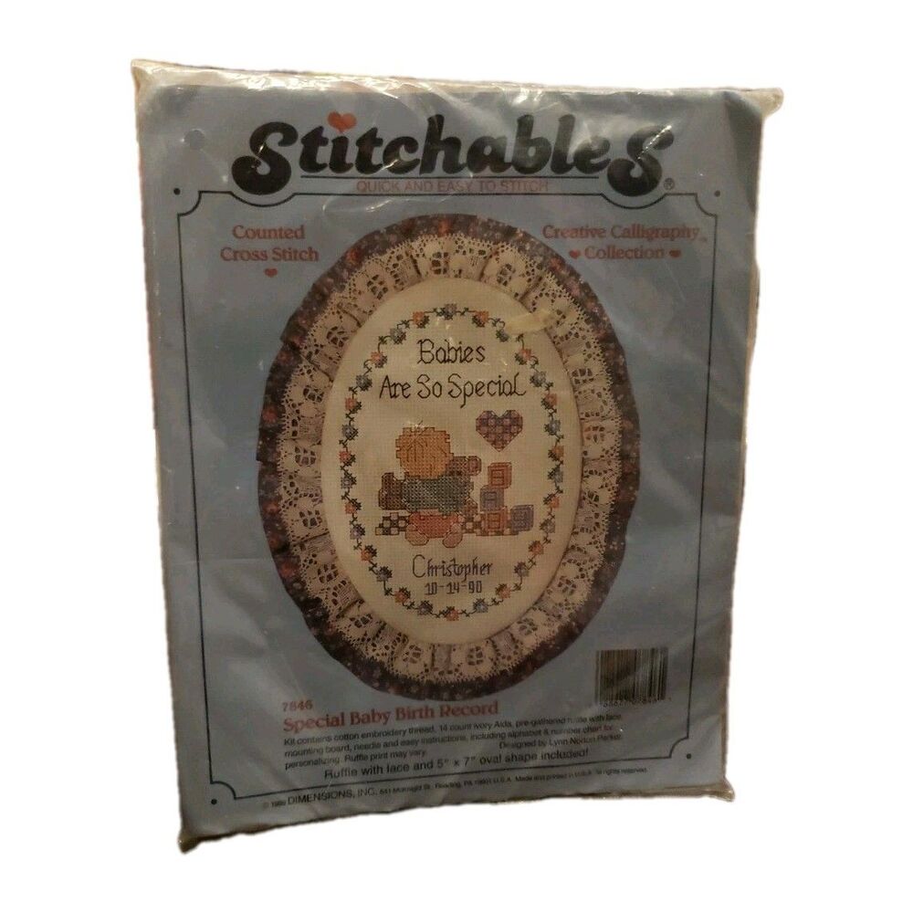 Counted Cross Stitch Kit Special Baby Birth Record, Oval 5x7”By Stitchables NOS